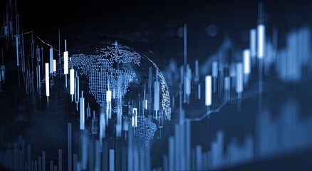 A stylized globe overlaid with dynamic candlestick charts, suggesting global market fluctuations and data visualization in cool blue tones