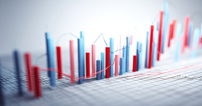 3D rendered chart showcasing fluctuating data with red and blue bars and lines on a gridded background - Powered by Adobe