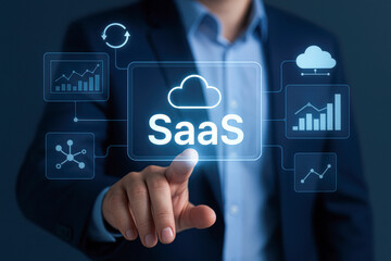 A business professional interacts with a digital interface showcasing SaaS solutions, featuring graphs and cloud icons, symbolizing technology and data analytics.