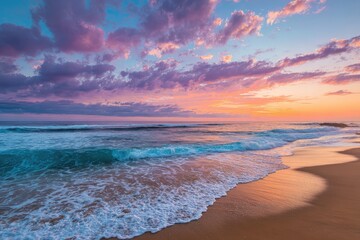 Vibrant sunset paints the sky with pastel hues, reflecting on gentle ocean waves lapping a sandy shore