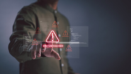 Cybersecurity concept of system hacked warning on virtual interface,Man touch show data breach, hacking alert, digital security risk and artificial intelligence technology in modern online protection.