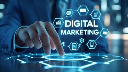Digital marketing strategy concept with futuristic interface and business professional interaction