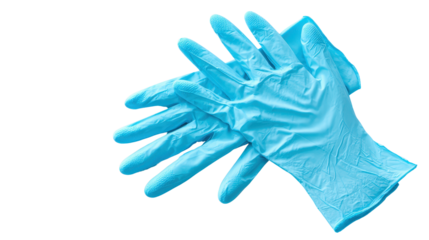 Pair of disposable gloves in light blue arranged isolated on a Transparent background, PNG file.