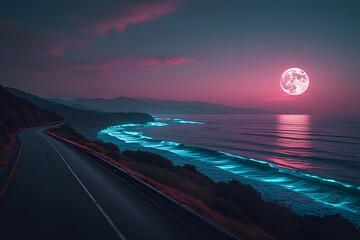 Coastal road at sunset, neon waves under a full moon