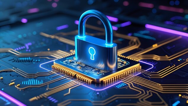 Digital padlock securing a central processing unit on a futuristic circuit board