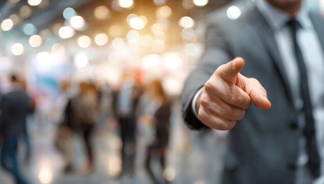 Businessman pointing at a blurry convention