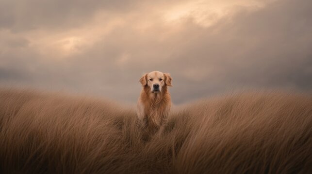 Golden retriever in serene landscape with dramatic sky and tall grass