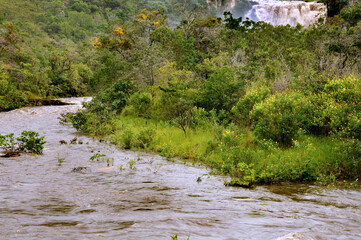 The Salto of Corumba is the principal waterfall in the Corumba Park, with 50 meters high, derived from the Corumba River, the most important river in the Central Plateau region of Brazil, Feb 2019