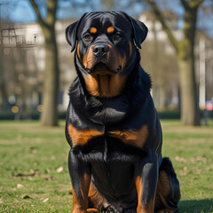 Fototapeta premium A cheerful dog sits patiently on the lush green grass in a public park, enjoying a beautiful day outdoors with its loyal and happy nature.