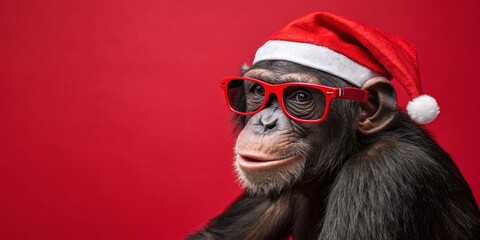 Festive Chimpanzee with a Santa Hat and Red Glasses