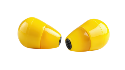 Pair of earplugs angled to show front and side views background isolated on a Transparent background, PNG file.