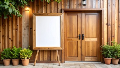 Inviting rustic wooden building facade featuring a prominent blank easel sign, perfect for custom messages, daily specials, or business announcements
