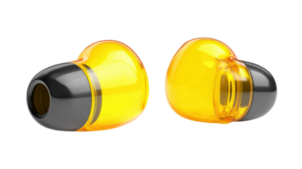 Pair of earplugs angled to show front and side views background isolated on a Transparent background, PNG file.