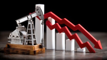 Miniature oil pump jack stands next to a declining red graph representing decreasing oil prices and market trends
