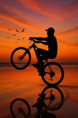 Obraz premium Silhouette of male bicyclist performing stunt at sunset on beach