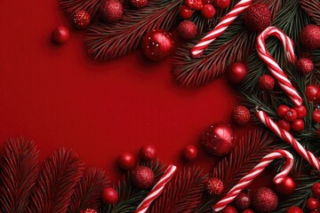 Red Christmas background with candy canes, ornaments, and pine sprigs arranged around a central empty space