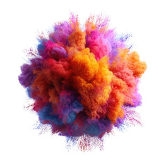 Vibrant colorful powder explosion with pink orange and blue hues isolated on transparent background