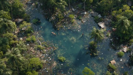 Aerial view of a polluted waterway surrounded by lush vegetation and debris