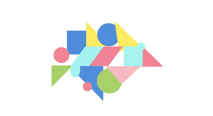 Modern abstract background created from a dynamic collage of simple geometric shapes in bright, soft pastel colors. Vector art design