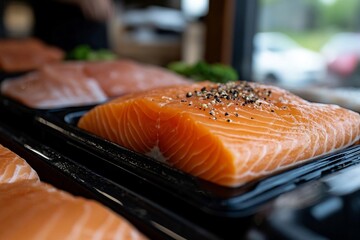Fresh salmon fillets displayed, showcasing vibrant color and appetizing seasoning