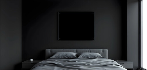  A futuristic bedroom with matte black wall, one floating holographic poster mockup above a low bed.