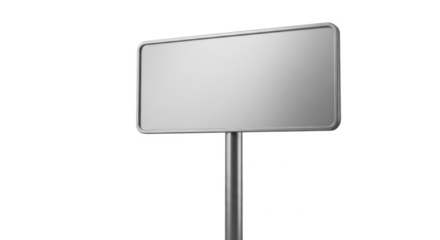Blank metallic road sign on a gray pole against a white background.