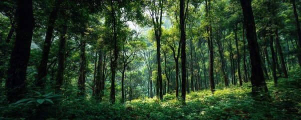 Lush green forest canopy with sunlight filtering through