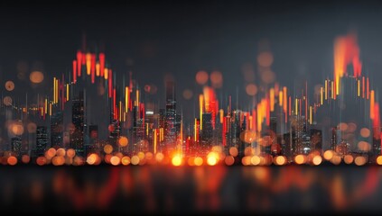 Night city skyline with stock market graphs overlaid