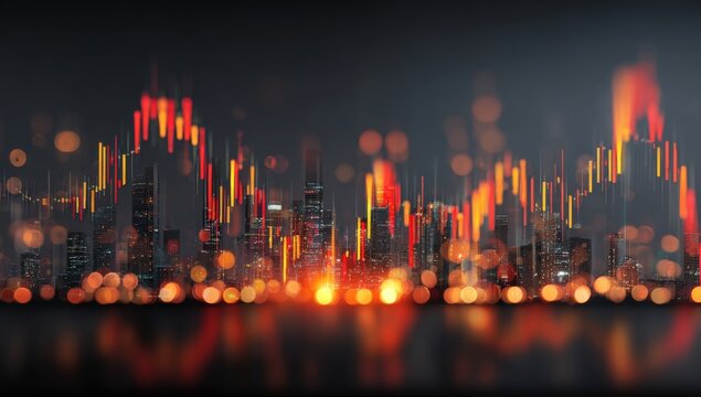 Night city skyline with stock market graphs overlaid