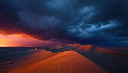 Dramatic sunset over sand dunes with stormy clouds