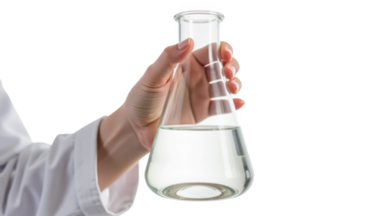 Hand holding laboratory flask filled with clear liquid, showcasing scientific environment. image conveys sense of experimentation and research