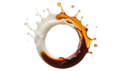 Creamy liquid splash forms circular shape, blending white and brown colors, creating dynamic and artistic visual