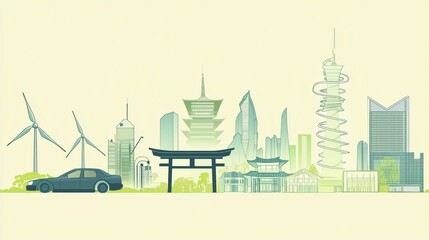 Obraz premium Sustainable Cityscape with Electric Car and Wind Turbines
