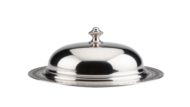 Elegant silver serving cloche with intricate detailing, perfect for upscale dining experiences and special occasions