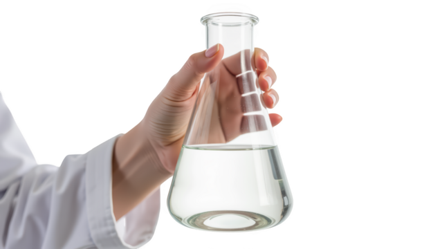 Hand holding laboratory flask filled with clear liquid, showcasing scientific environment. image conveys sense of experimentation and research