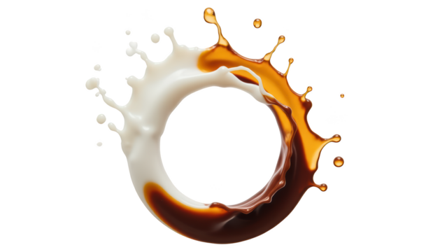 Creamy liquid splash forms circular shape, blending white and brown colors, creating dynamic and artistic visual