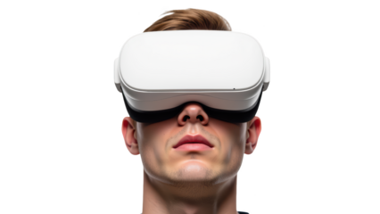 Virtual reality headset worn by young man, showcasing immersive technology and modern gaming experiences. expression reflects curiosity