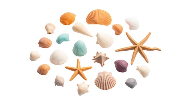 Colorful seashells and starfish arranged in circular pattern, showcasing various shapes and textures, evoke sense of beach tranquility
