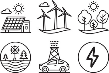 Sustainable Energy line art vector icon set. Nature and Environment flat black outline icons for Web and App. Editable illustration linear