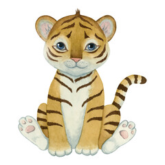 Hand drawn watercolor illustration. Cute little tiger on white background.
