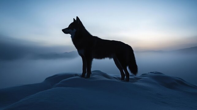 Majestic husky silhouette on snowy mountain peak at dusk