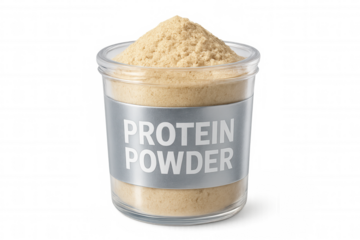 Whey protein powder is overflowing from a transparent jar with a silver label on a transparent background