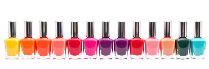 Bright nail polish bottles arranged in colorful spectrum, showcasing vibrant shades from yellow to teal, perfect for any manicure