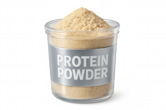 Whey protein powder is overflowing from a transparent jar with a silver label on a transparent background
