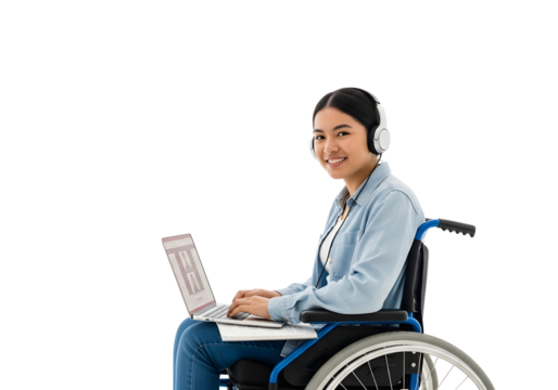 Young disabled woman in a wheelchair smiling and working on a laptop while wearing headphones