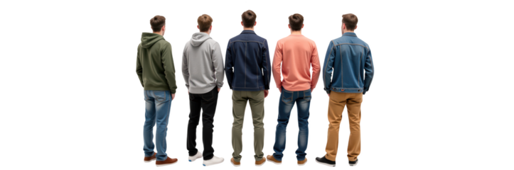 Stylish men standing in row, showcasing various casual outfits and colors, exuding sense of camaraderie and fashion