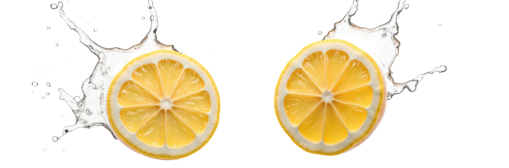 Fresh lemon slices splash water, creating vibrant and refreshing scene. bright yellow color contrasts beautifully with clear liquid, evoking sense