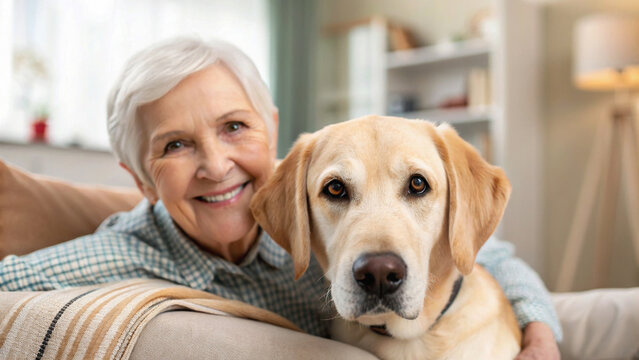 Senior woman smiling with golden retriever dog on couch at home, warm and comforting moment of companionship and therapy