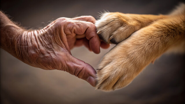 Heart shape formed by senior hand and cat paw close up, symbolizing love and connection between human and pet