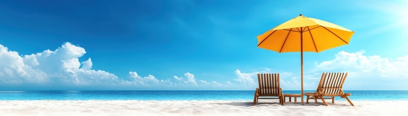 Beach scene with yellow umbrella and wooden chairs against a clear blue sky.